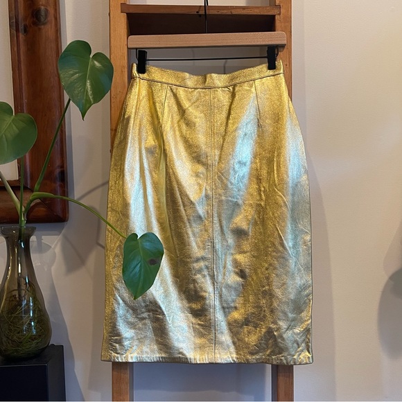 Vintage Julian K. SZ 10 Gold Metallic Real Leather Pencil Skirt! - Picture 2 of 16